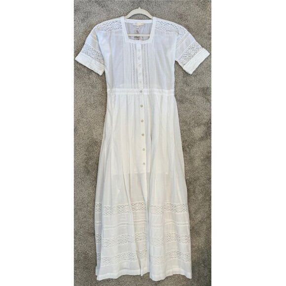 NWT LoveShackFancy Edie White Maxi Cotton Dress W/ Embroidery Lace Trims - Picture 4 of 12